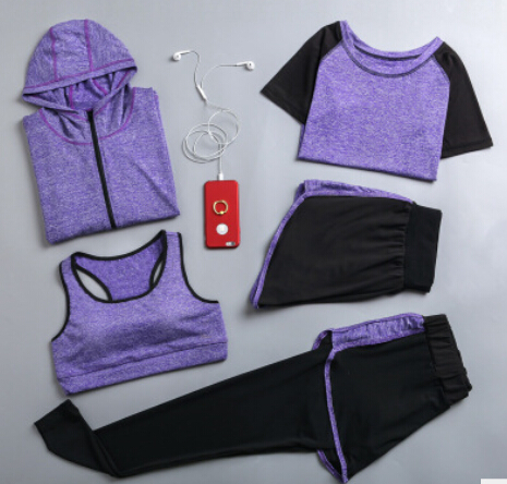 Quick dry women yoga clothing hooded coats+t shirt+bra+shorts+pants 5 pieces set womens autumn outdoor running sportswear gym