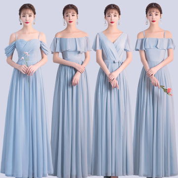 Korean Style Women Summer Party Sexy Wedding Guest Pearl Chiffon Long Blue Pink Bridesmaid Dresses Vestido Madrinha