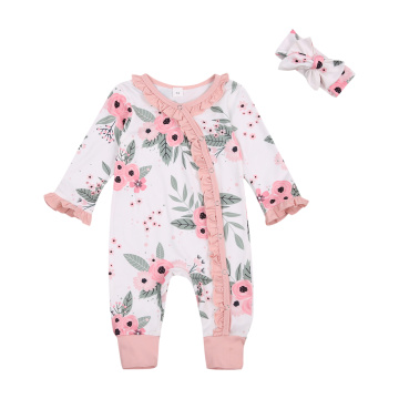 FOCUSNORM 0-18M Autumn Baby Girls Boys Rompers Headband 2pcs Flowers Print Ruffles Long Sleeve Single Breasted Jumpsuits