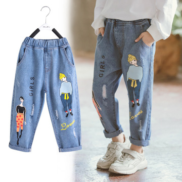 Girl Jeans Kids Spring Children Cartoon Pants Casual Loose Denim Trousers for Teenage Elastic Waist Girls Ripped Jeans 8 12 Yrs