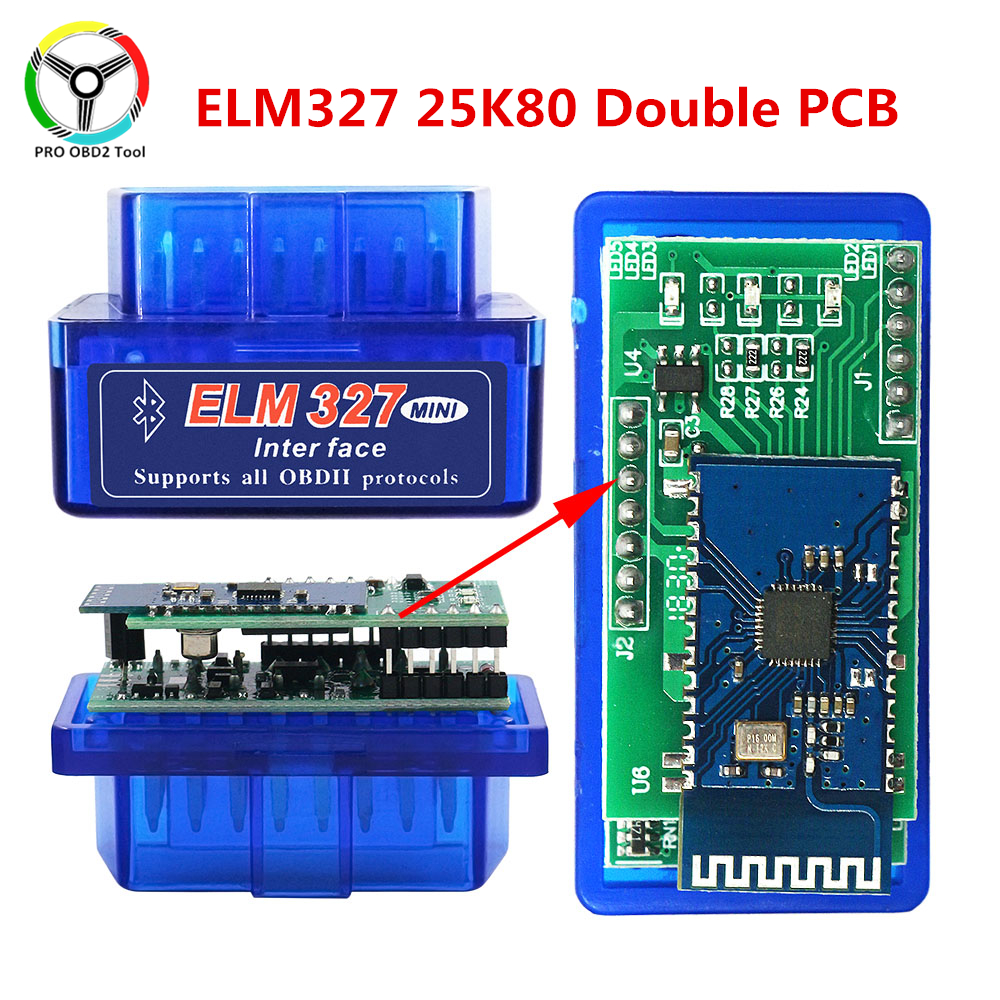 ELM327 Bluetooth V1.5 PIC18F25K80 Chip with Double PCB ELM 327 Car OBD2 Diagnostic Tool Works On Android/PC