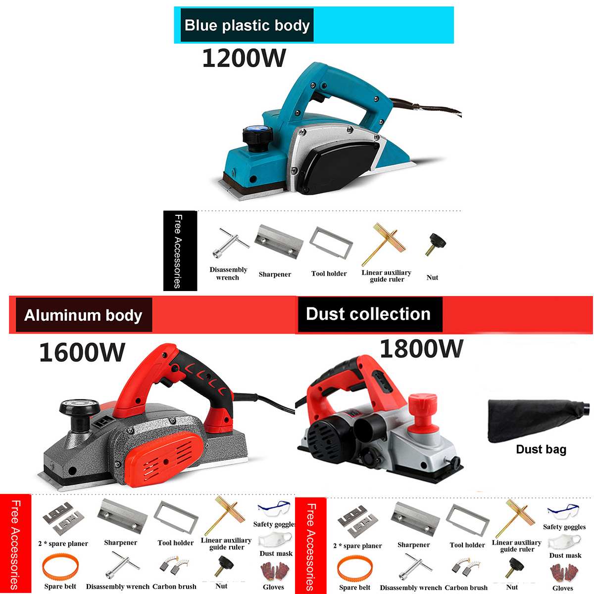 Drillrpo 1200W/1600W/1800W Electric Planer Powerful Multifunctional Wood Planer HandHeld Copper Wire Carpenter Woodworking DIY