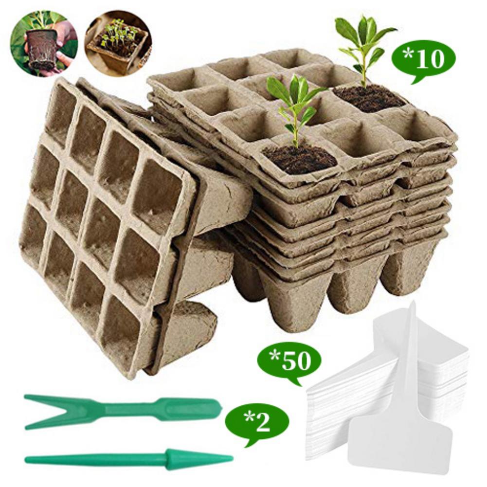 Seed Starter Pots Kit 10PCS 12-Grid Biodegradable Seed Starter Peat Pots With 2PCS Seedlings Dibbers And 50PCS T-Shape Labels