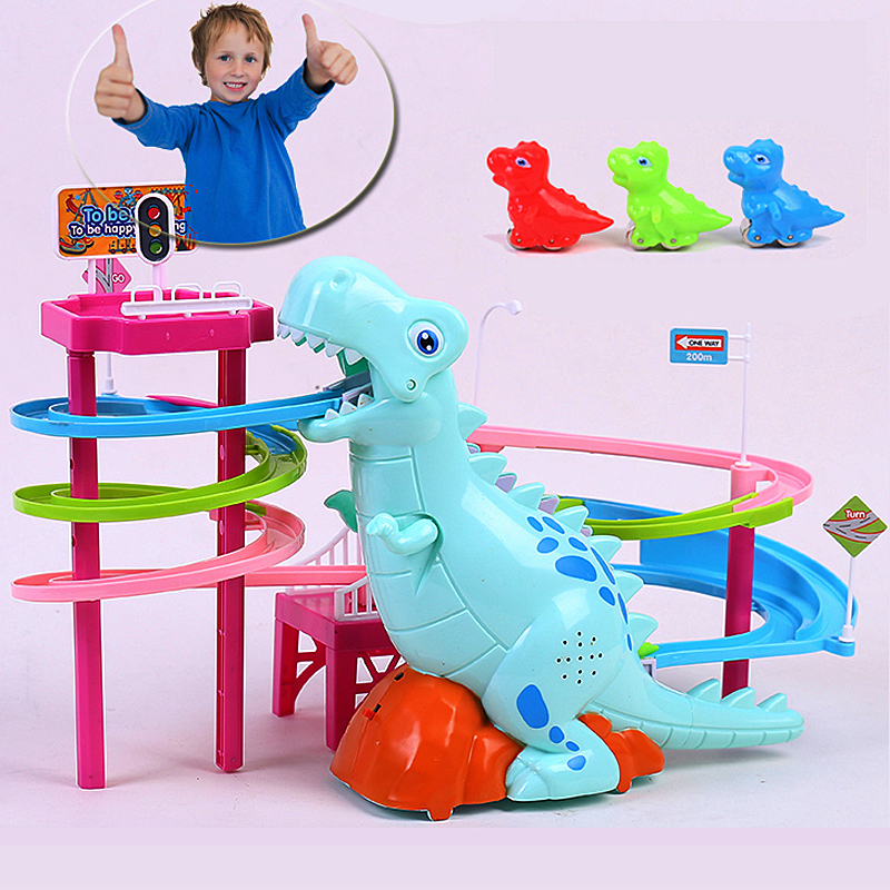 Brand New Electric Slide Railcar Track toy 3-6 years old Dinosaur climb stairs music light play interactive educational toys