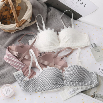 New Women Push Up Bra Set Sexy Lace Half Cup Plaid Underwear and Brand B Cup Removable Strap Bras Wire Free Comfort Lingerie Set