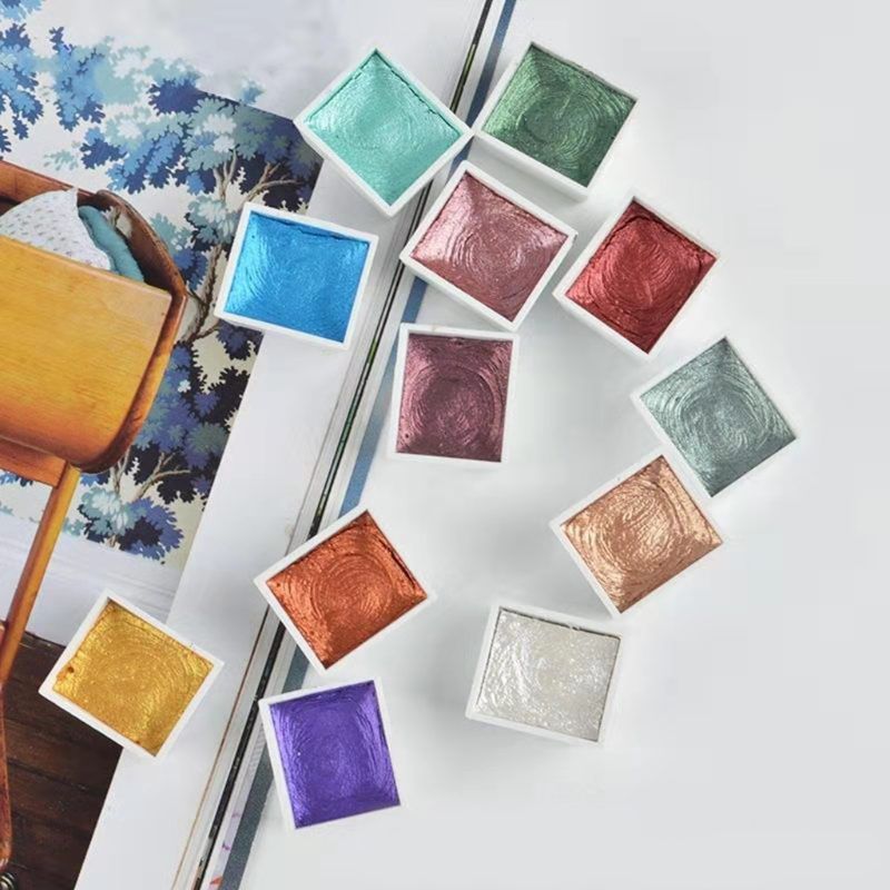 Handmade 12 Color Glitter Water Color Set Metallic Gold aquarela Paint Artist Watercolor Painting Pigment Pocket Set For Drawing