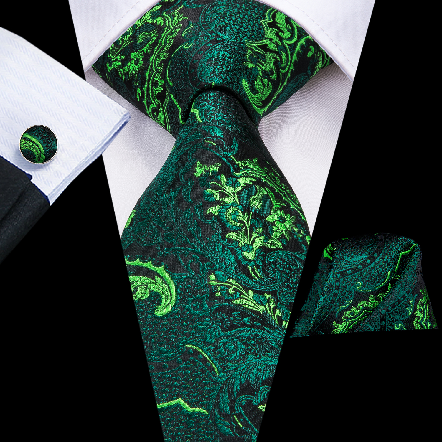 Hi-Tie Luxury Floral Paisley Ties for Men Male Desigenr Red Green Snow Ties for Christmas Adult Silk Tie Hanky Cufflinks Tie Set