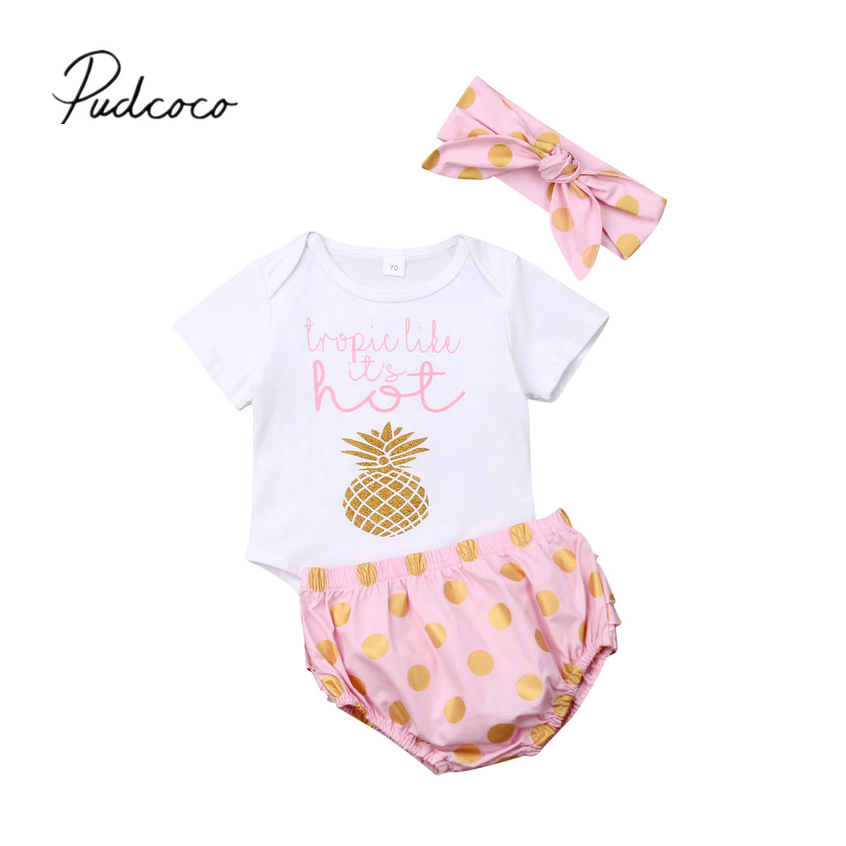 2019 Baby Summer Clothing Infant Baby Girl White Pineapple Romper Ruffle Briefs Dots Shorts+Headband 3Pcs Outfit Set 0-24M