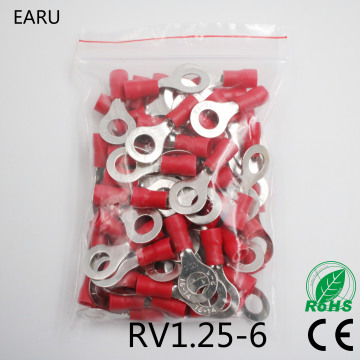 RV1.25-6 Red 22-16 AWG 0.5-1.5mm2 Insulated Ring Terminal Connector Cable Wire Connector 100PCS/Pack RV1-6 RV