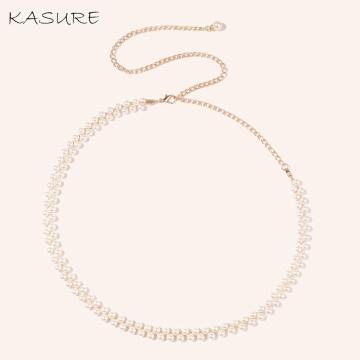 KASURE Elegant Rhinestone Pearl Beads Thin Waist Chain Woman Belt Adustable Gold Wedding Briade Strap Crystal Belts Dress Decor