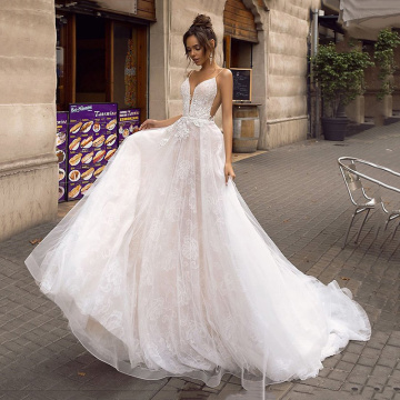 LORIE A Line Backless Wedding Dress 2019 Sexy Spaghetti Straps Bridal Dress 3D Lace Flowers Fairy Beach Wedding Dresses