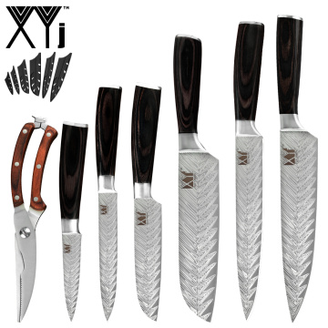 XYj 7PCS Kitchen Stainless Steel Knives Set Chicken Bone Scissor Shear Damascus Veins Blade Wood Handle Knife Cooking kitchen