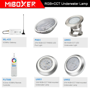 Miboxer AC12V/DC12-24V IP68 underwater 9W/15W/27W RGB+CCT Wall-mounted Underwater Lamp 27W PAR56 LED Pool Light;433MHz Gateway