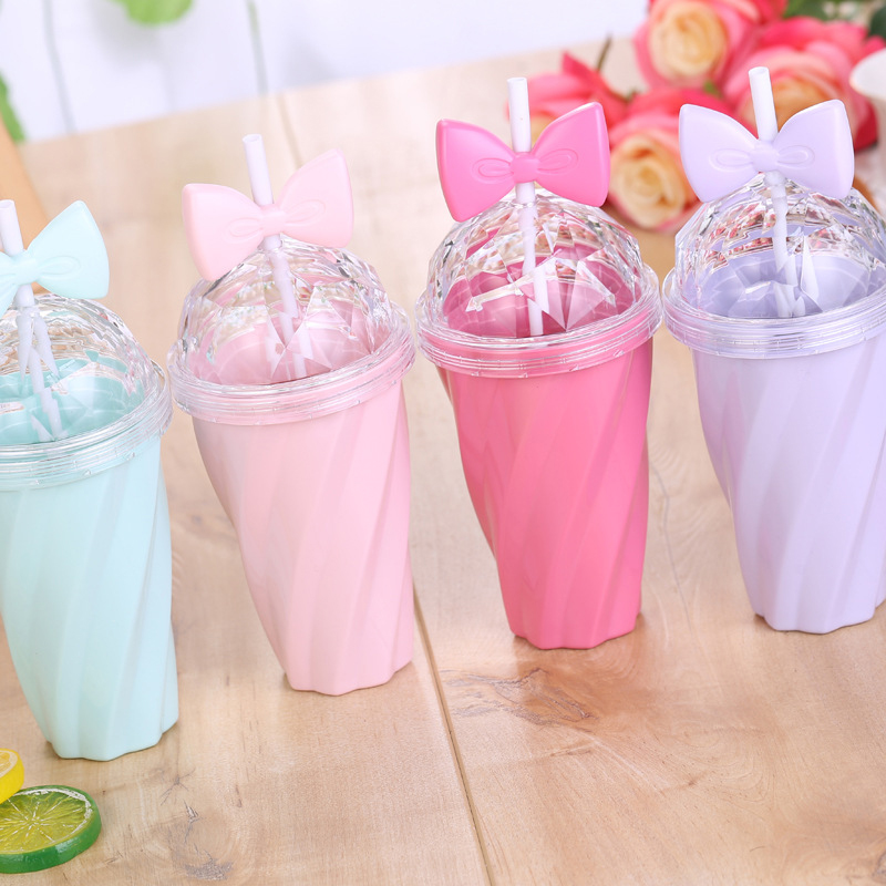 400ML Lovely Straw Cup Cold Drink Cup Plastic With Bow Lid Straw Cup Bottle High Quality Home Office School Gift Drinkware #A