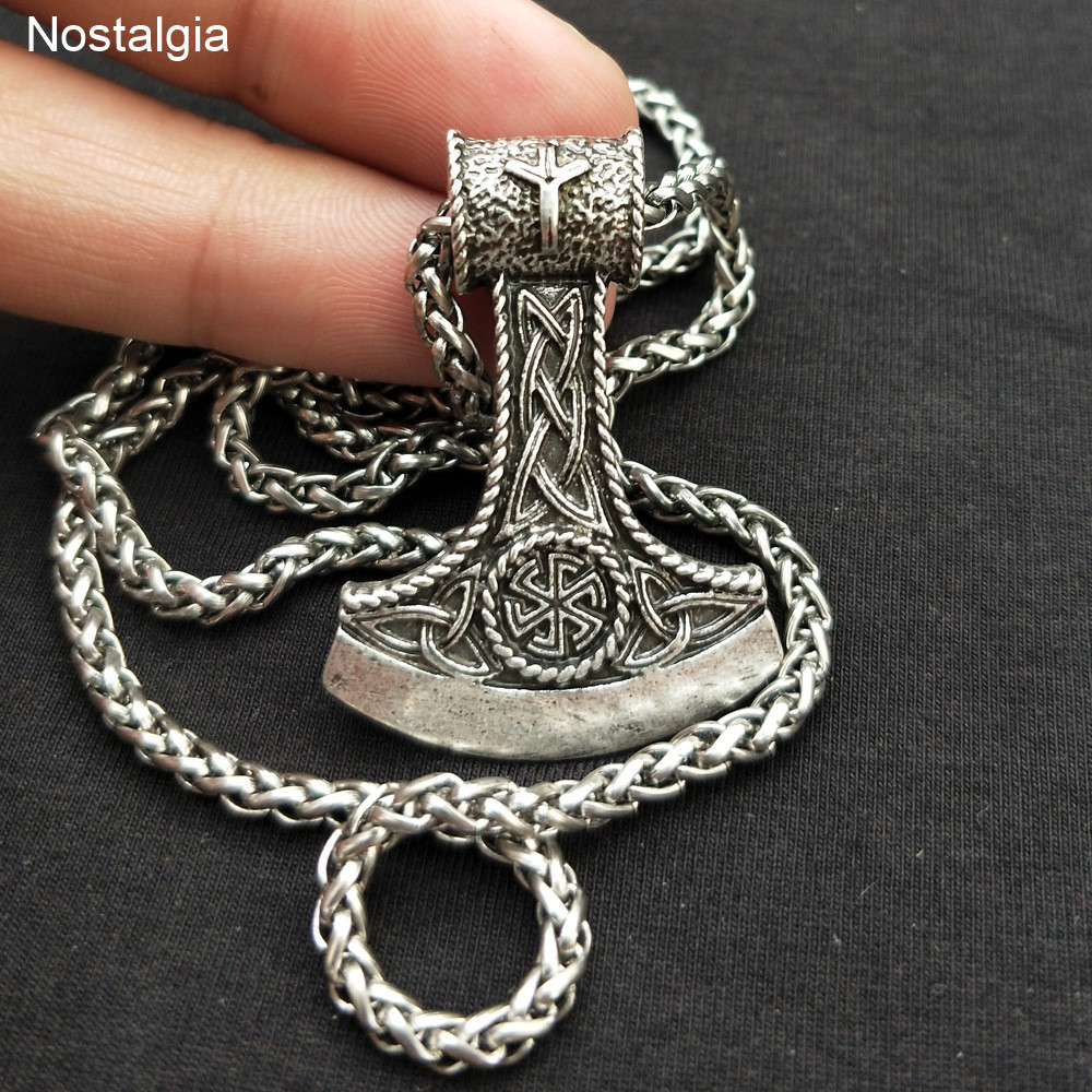 Nostalgia Slavic Symbol Perun Axe With Kolovrat Pendant Trinity Viking Rune ALGIZ Scandinavian Norse Vintage Necklace