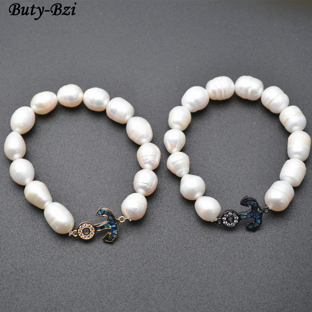 Paved CZ and Abalone Shell Metal Anchor Charm Natural Fresh Water Pearl Potato Beads Stretch Bracelets Fashion Jewelry Gift