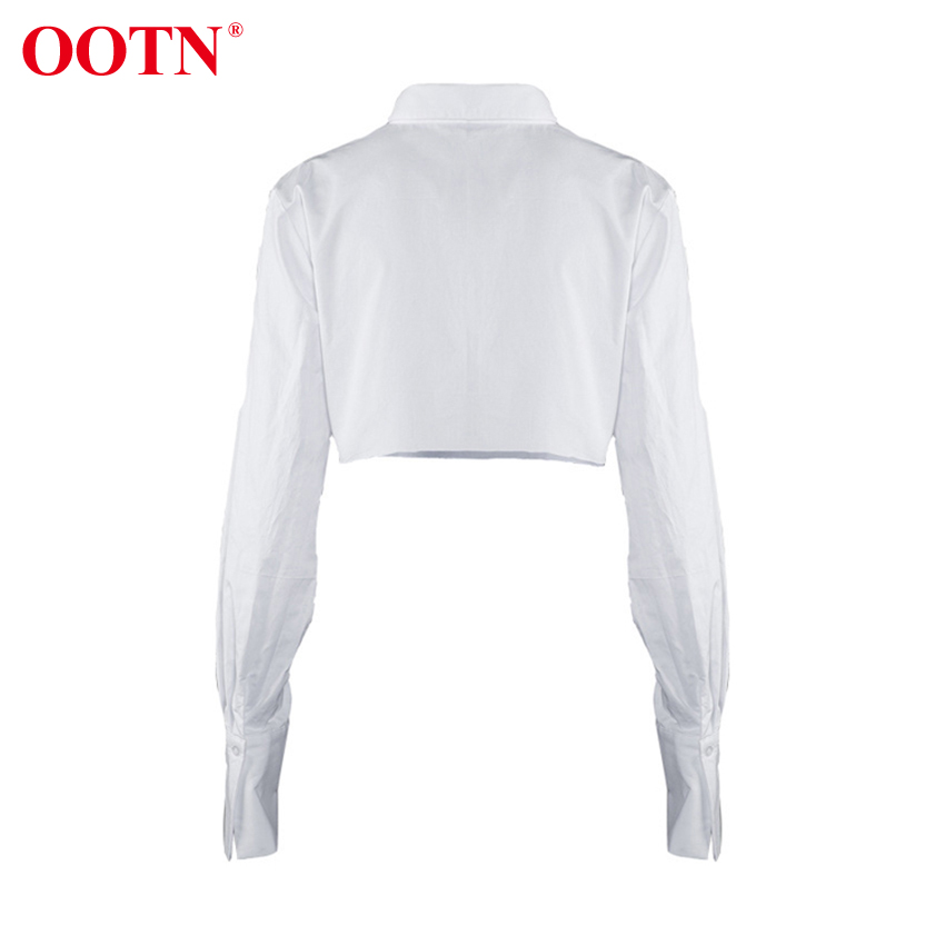 OOTN White Sexy Crop Top Long Sleeve Women Blouse Shirt Cotton Solid Asymmetrical Hem Casual Top Female Blouse Button Bown