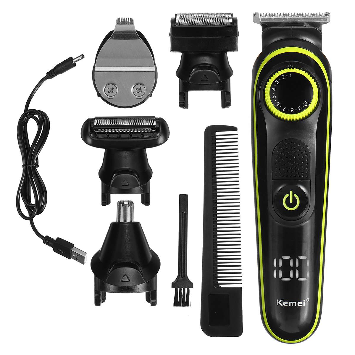 Electric Hair Trimmer Household Hair Clippers Multifunctional USB Rechargeable Shaver LED Display KM-696 5 in 1 Cutter Heads