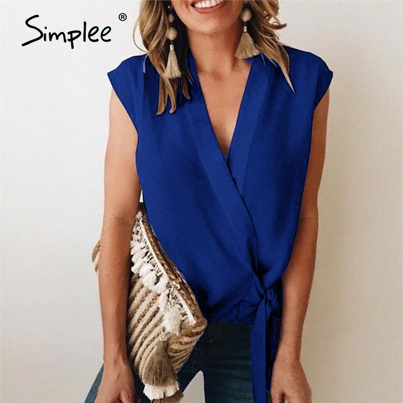 Simplee Sexy solid deep V woven women blouse shirt summer short bow sleeveless top blouse summer casual office Streetwear top