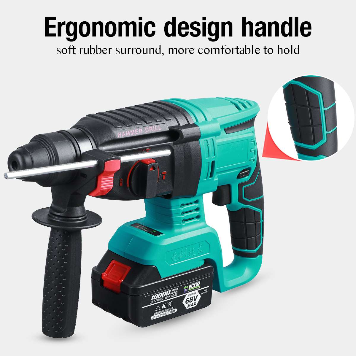 Brushless Electric Rotary Hammer Rechargeable Multifunction Electric Hammer Impact Power Drill Tool with 2 Battery & Charger