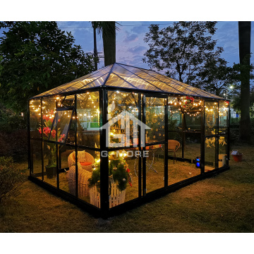 Gazebo Greenhouse / Invernadero, Black with Twin Wall Glazing (9.7'x14.3', 12.8m2, 6mm Hollow PC or 4mm Solid PC)