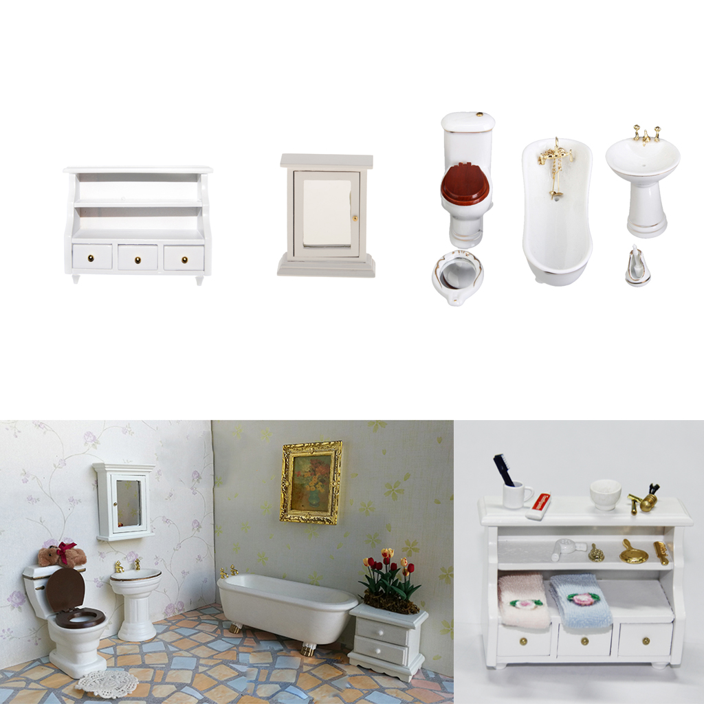 1:12 Scale Dolhouse Furniture, European Style Bathroom Furniture Set with Bathtub Basin and Toliet, Dolls House Furnishings Toy