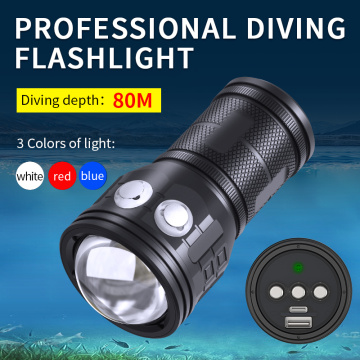 12800mah Underwater Diving Light Professional Photography White Blue Red Flash Light Powergul 18650 Torch Spherical bracket