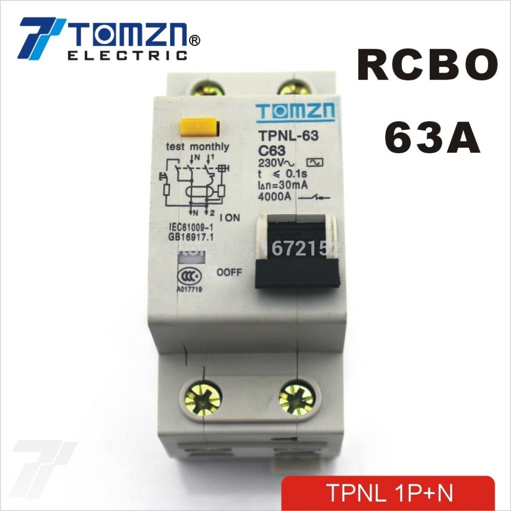 TPNL 1P+N 63A 230V~ 50HZ/60HZ Residual current Circuit breaker with over current and Leakage protection RCBO