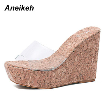 Aneikeh Sexy Summer Women Clear Transparent Platform Wedges Sandals Ultra High Heels Wooded Mule Silde Shoes Outdoor Creepers