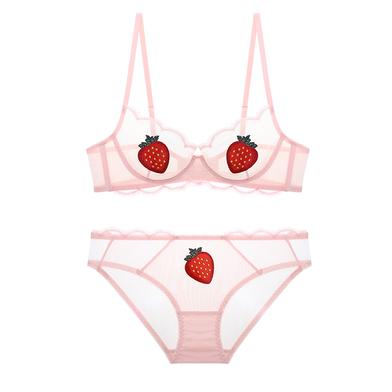 Female net yarn lace embroidery thin section Ms. Sexy underwear bra ultra-thin transparent strawberry fruit underwear suits