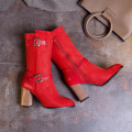 Fashion Buckle Mid-calf Boots Women Square Heeled Women's Boots 2020 Autumn Winter Flock Red Black Shoes Ladies Large Size