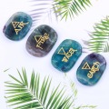 Natural Colorful Fluorite Palm Stones Crystal Engraved Element Symbols Reiki Healing Set Air Water Fire Earth 4pcs