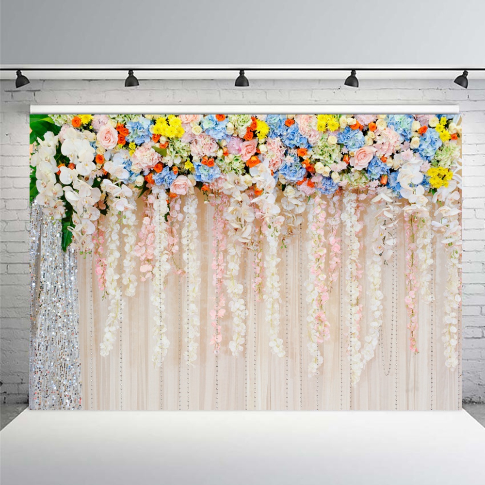 Wedding White Curtain Blossom Floral Garland Wall Photography Backgrounds Custom Photographic Backdrops for Photo Studio