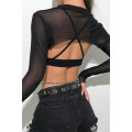 Women Hip Super Short Lace Transparent Mesh Sheer Backless T-shirt Long Sleeve Sexy Crop Tops Bodycon Club Clothes