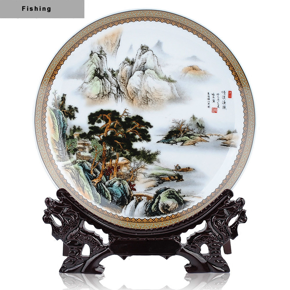 Chinese Landscape Ceramic Ornamental Plate Decoration Dish Plate Hanging Plate Great Wall Porcelain Plate Set Wedding Gift