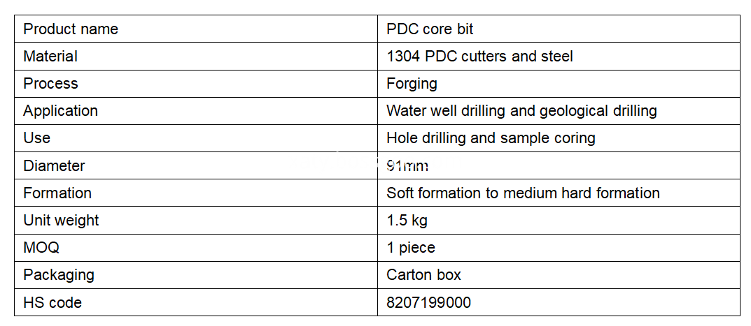 91mm core bit specification