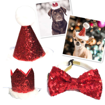 Christmas Pet Dog Cat Bow Tie and Cap Cute Red Bowknot Tie Collar Adjustable Pom-poms Topper for Dog Party Dog Cap Pet Accessory