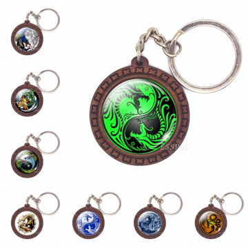 Retro Wooden Key Chain Yin Yang Dragon Keychain Glass Dome Pendant Yin Yang Jewelry