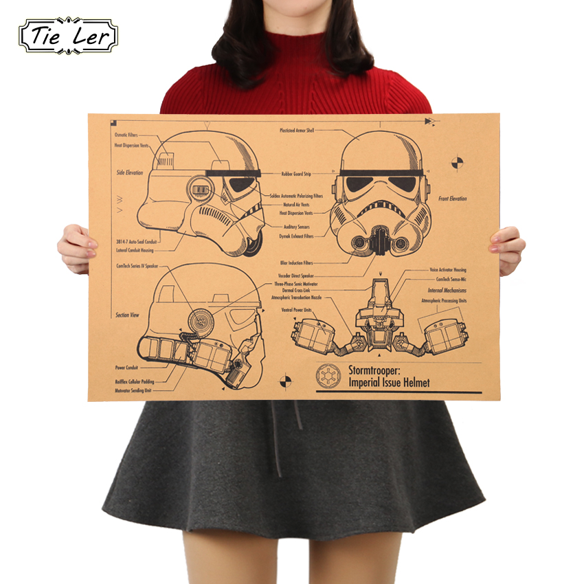 TIE LER Helmet Design Drawings Poster Adornment Design Drawings Nostalgic Retro Kraft Paper Wall Stickers 51x35.5cm