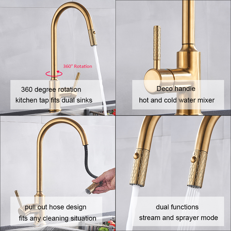 Quyanre Pull Out Kitchen Faucet Brushed Bronze Gold Kitchen Sink Water Tap 360 Rotation Kitchen Mixer Tap Single lever Mixer Tap