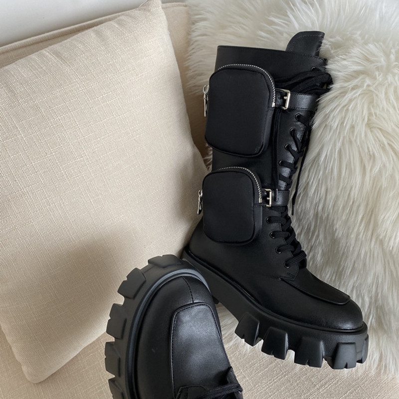 LMCAVASUN 2019 Latest Style New Arrival Pocket Motorcycle Boots Handsome Lace Up Thick-soled Black Military Shoes Half Boots