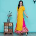 New Woman Fashion Ethnic Styles Sets Cotton India Kurtas Short Sleeves Long Yellow Thin Top Skirt