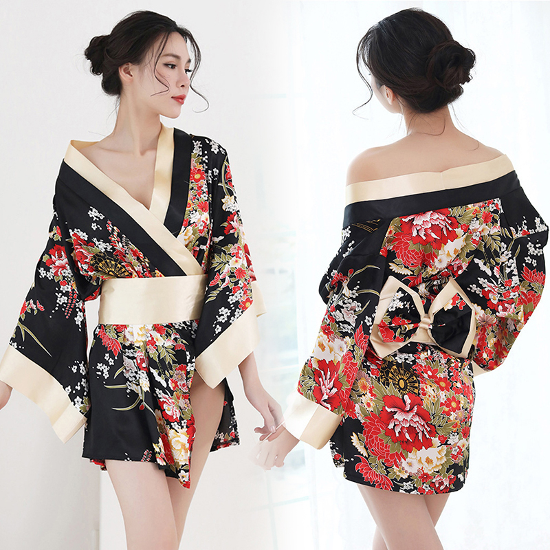 Black sexy kimonos dress Japan style Cherry blossoms cosplay Japanese traditional kimono woman bathrobe geisha clothing