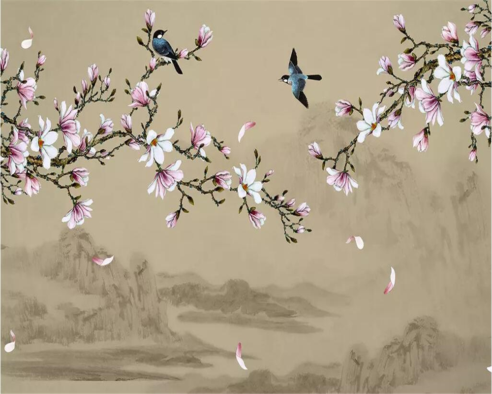 Beibehang Wallpaper mural magnolia hand-painted meticulous flower and bird TV background wall decorative painting 3d wallpaper