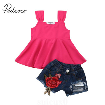 2019 Baby Summer Clothing Fashion Infant Baby Girl Clothes Sets Solid T-shirt Vest Tops+Denim Embroidery Shorts Pants Outfit