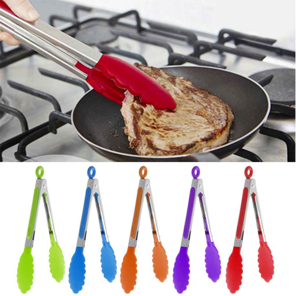 Silicone Stainless Steel Barbecue Locking Thongs Serving Clip BBQ Grill Baking Salad Steak Vegetable Pasta Kitchen Barbecue Tool