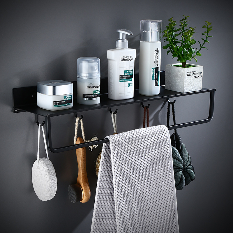 Black Bathroom Shelves Kitchen Shelf With Hooks Wall Shelf Shower Storage Rack Towel Bar Bathroom Accessories 30-50 cm Length