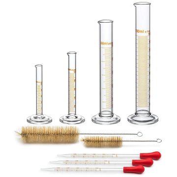 4 Measuring Cylinder - 5ml, 10ml, 50ml, 100ml - Premium Glass - Contains 2 Cleaning Brushes + 3 x 1ml Glass Pipettes