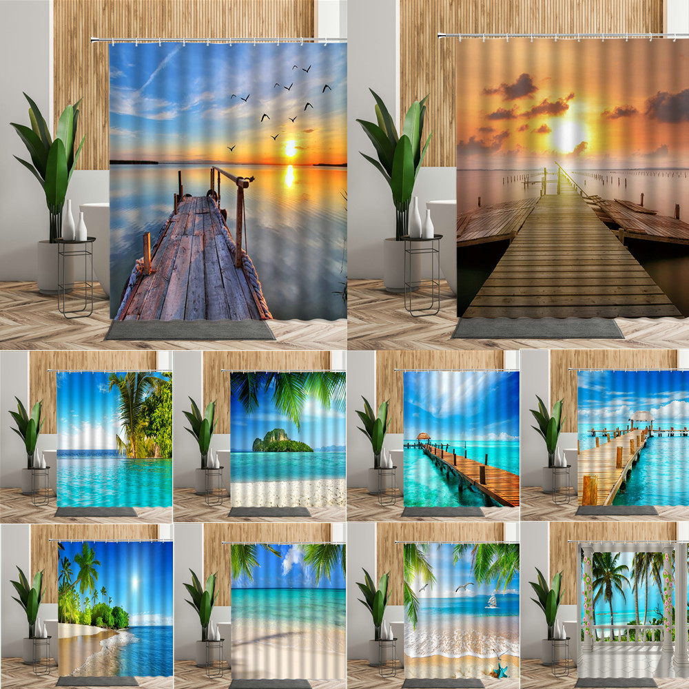 Sea Beach Scenery Shower Curtain For Bathroom Decor Sunlight Ocean Green Coconut Bath Screen Sunset Backgdrop Fabric 3D Curtains