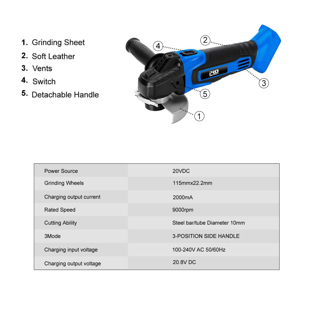 Cordless Angle Grinder 20V Machine Cutting Electric Angle Grinder Body only Tool By PROSTORMER